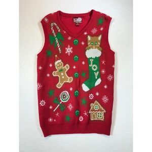Party Sweater Christmas Vest Medium Gingerbread Cat Stocking Holiday Red